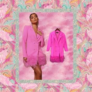 Barbie Pink Feather Trim Blazer Dress Size 3X Juniors L Adult Fabulous Feathers